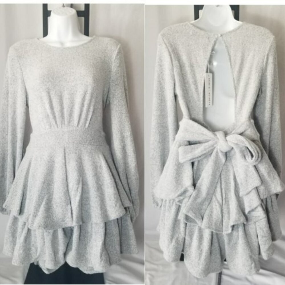 Saints & Secrets Women L Heather Gray Long Balloon Sleeve Ruffle Romper Tie Back